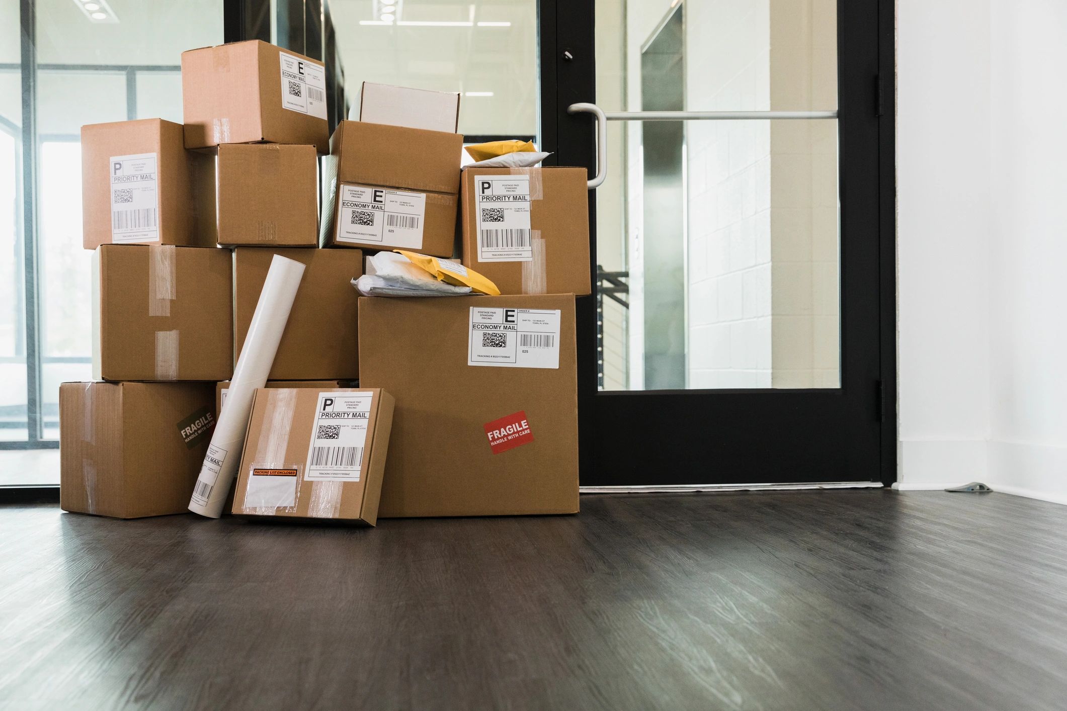 Stack of packages in an office doorway, representing shipping and returns.
