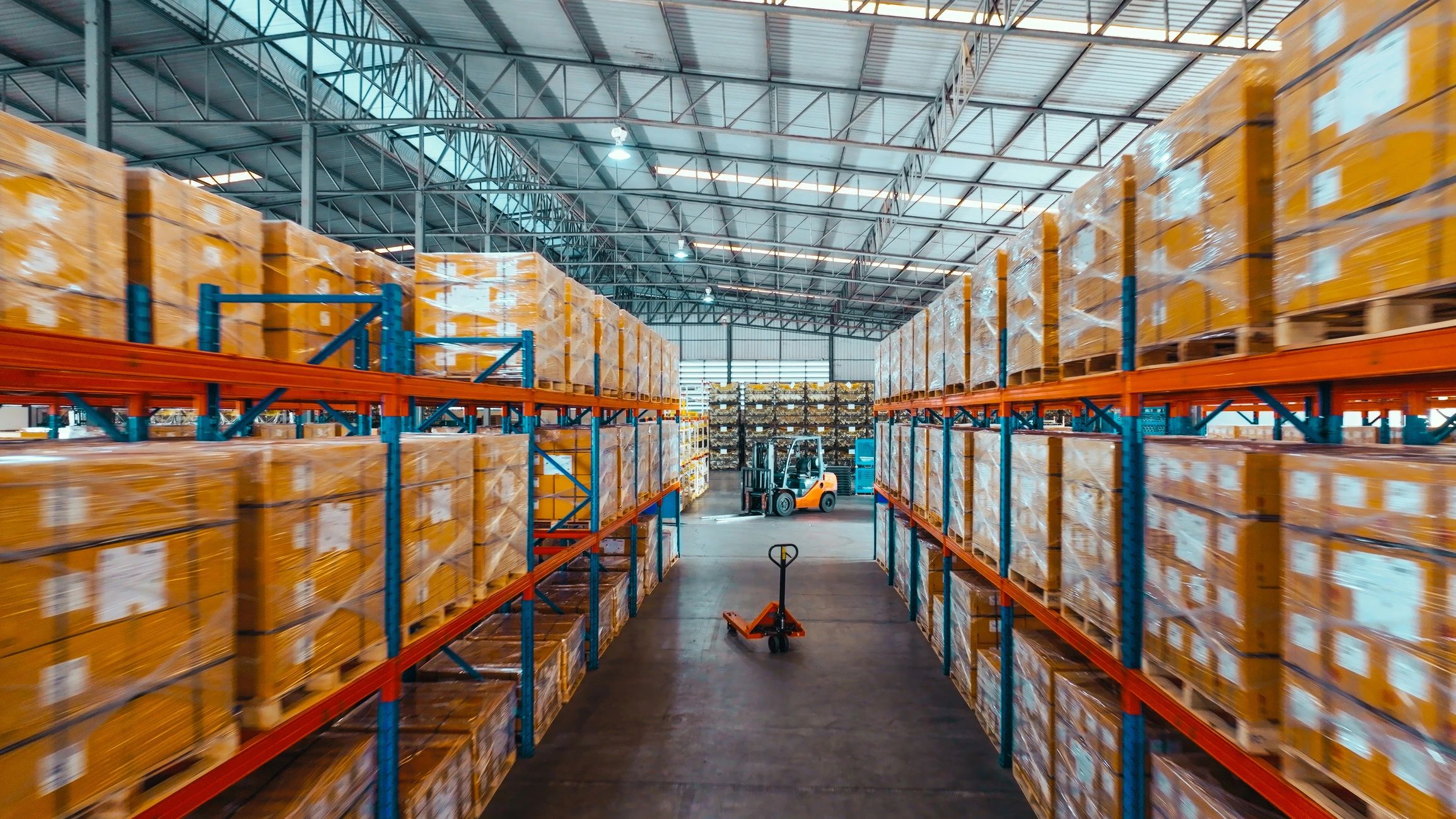 Warehouse shelving with packaged boxes ready to ship
